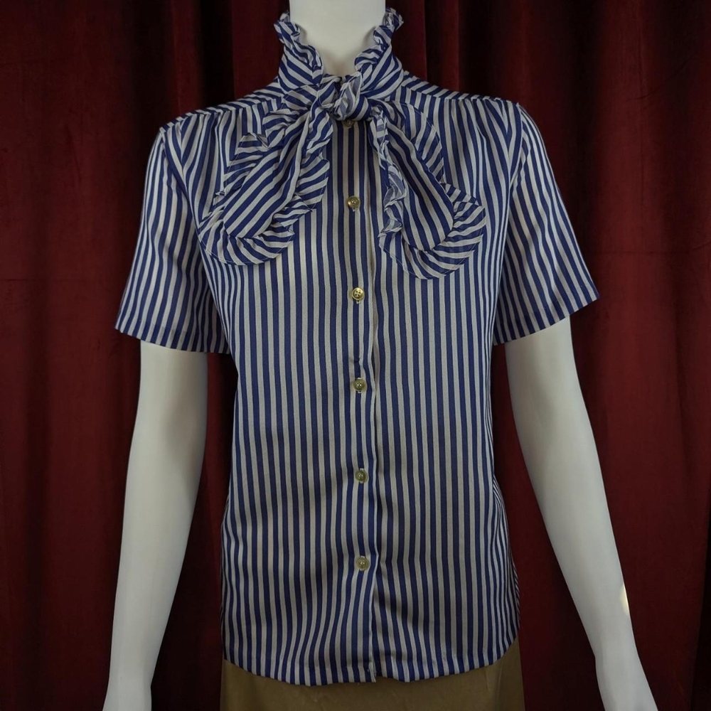 True Vintage 70's Lucky Winner Blue & White Vertical Striped Short Sleeve Top